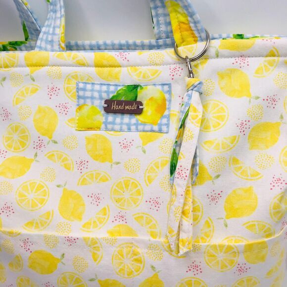 Basic Lizbet Library Market Tote Bag, Lemon Gingham 12 x 13.5 x 3" With Pockets - Picture 3 of 9